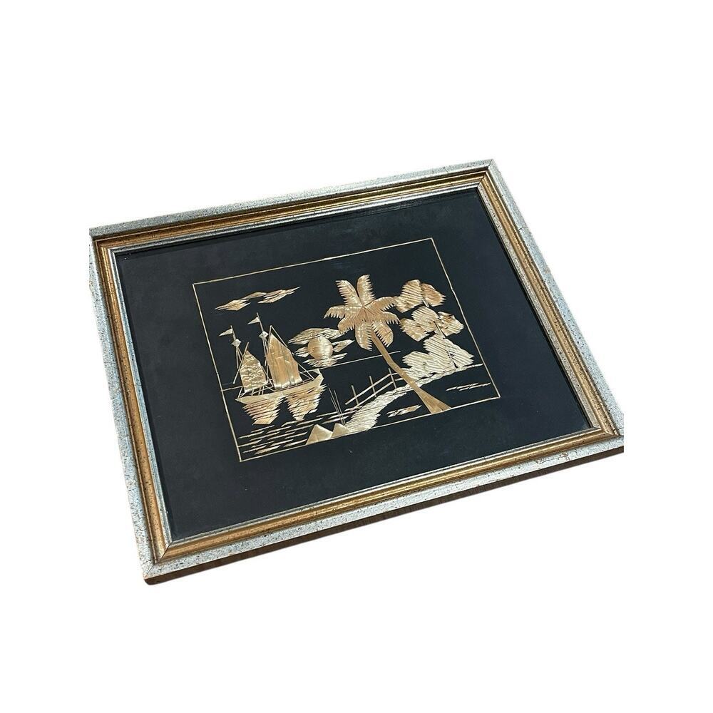 Framed Vintage Asian Straw Art with Sailboats Nautical Island Theme 1950-60s - Picture 4 of 8